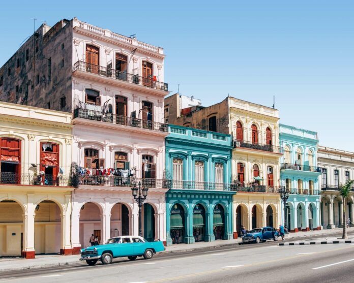 A colorful strip of buildings in Havana, Cuba.