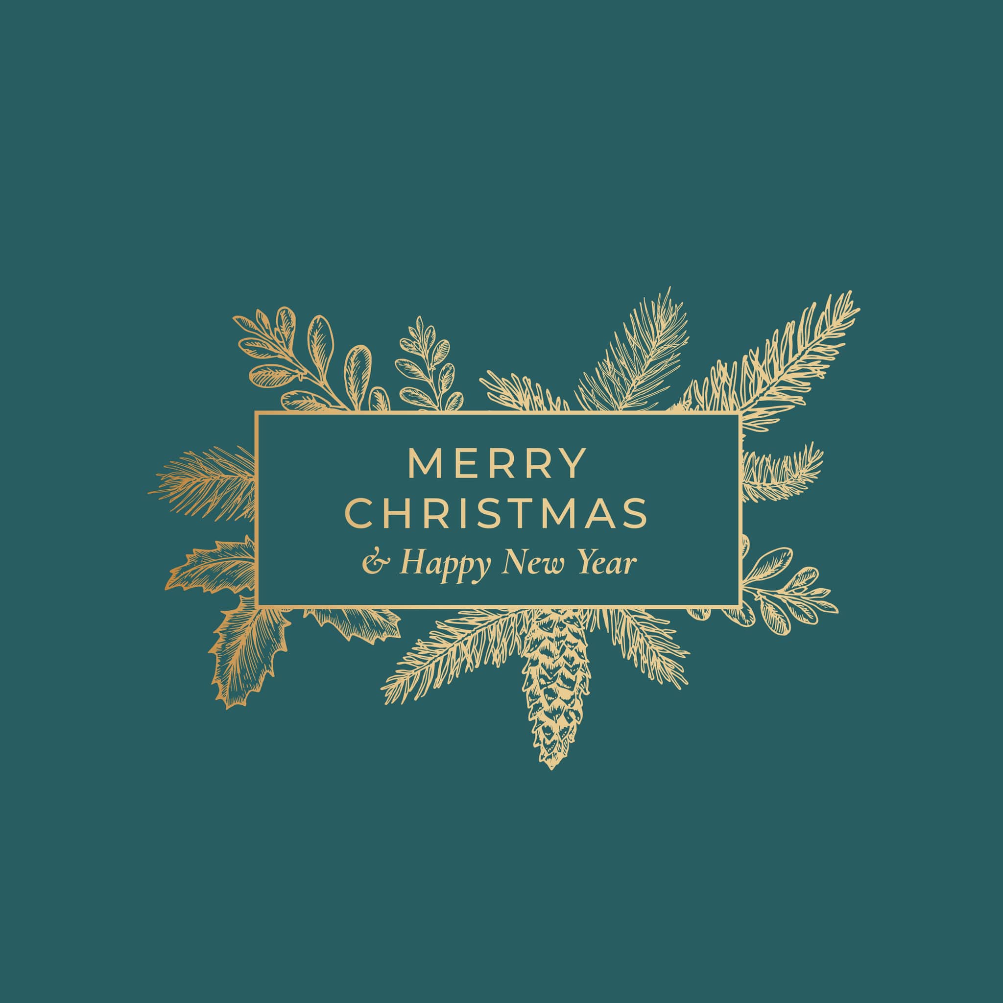 Merry Christmas Abstract Botanical Card with Rectangle Frame Banner and Modern Typography. Premium Green Background and Golden Greeting Sketch Layout