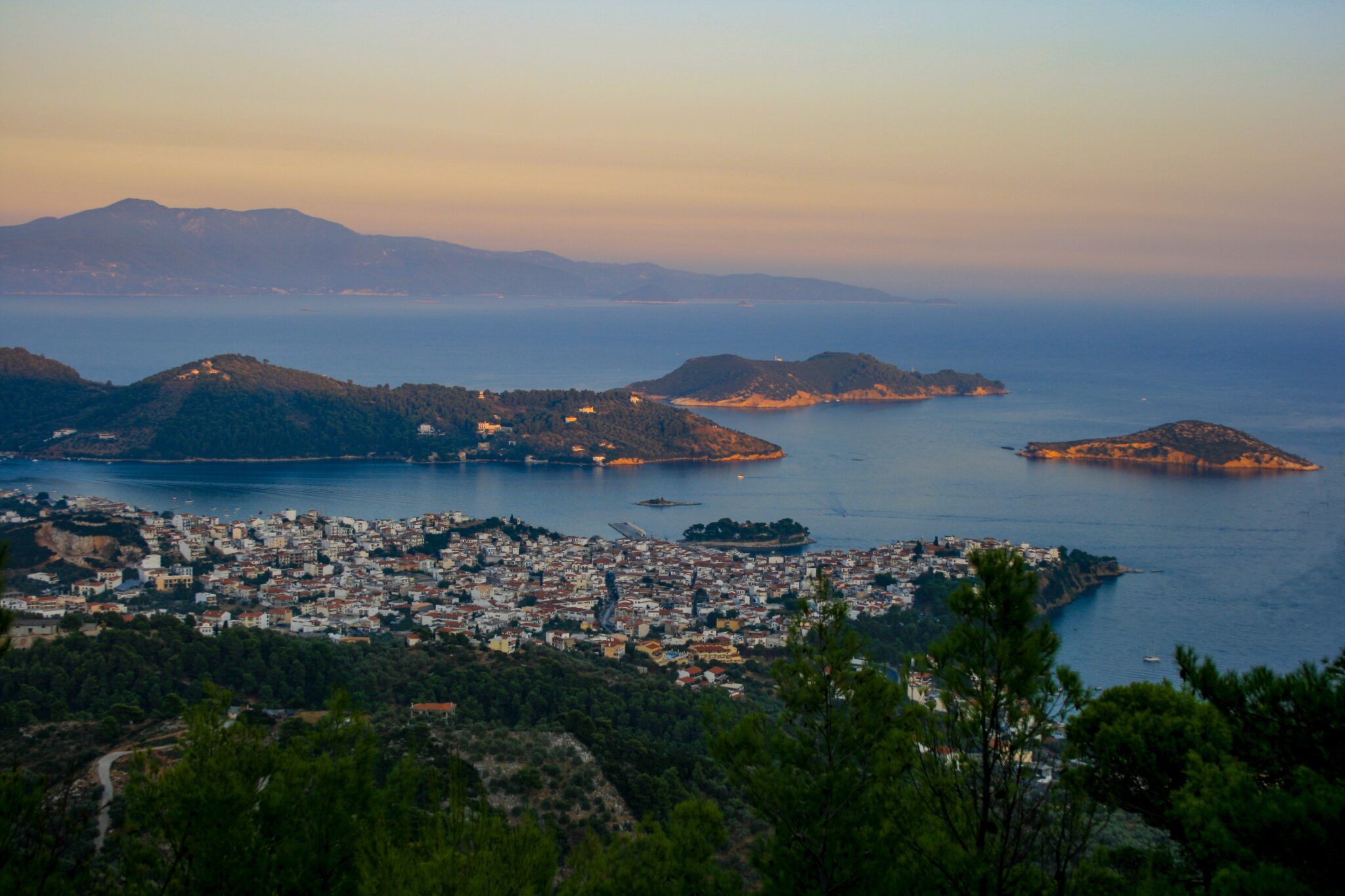 Looking down over Skiathos Town, as the sun begins to set.