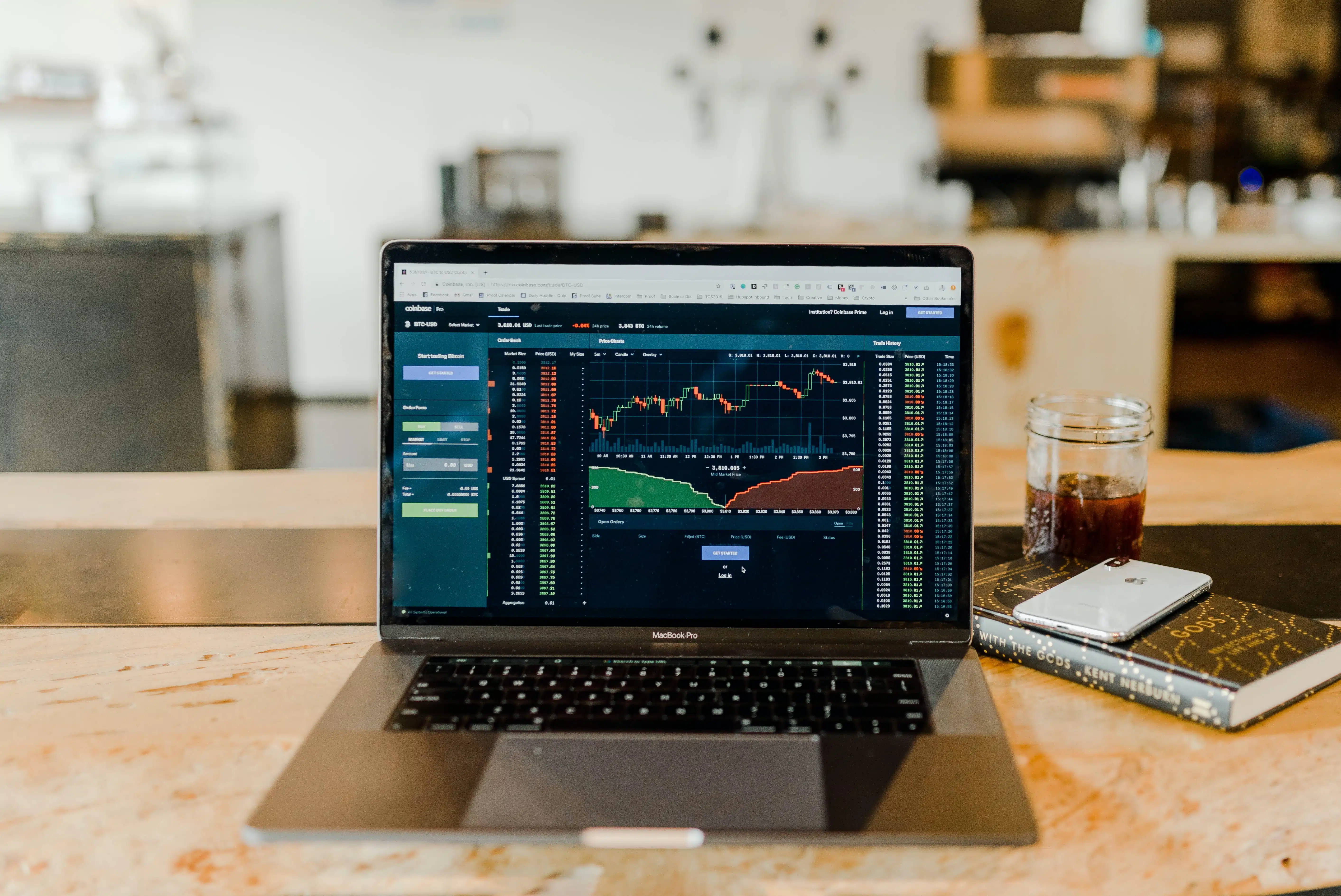 Daytrading bitcoins financial markets at a coffeeshop.