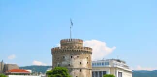 Thessaloniki White Tower on the focus from the sea view.