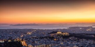 View,Over,The,Illuminated,Skyline,Of,Athens,,Greece,,With,Parthenon