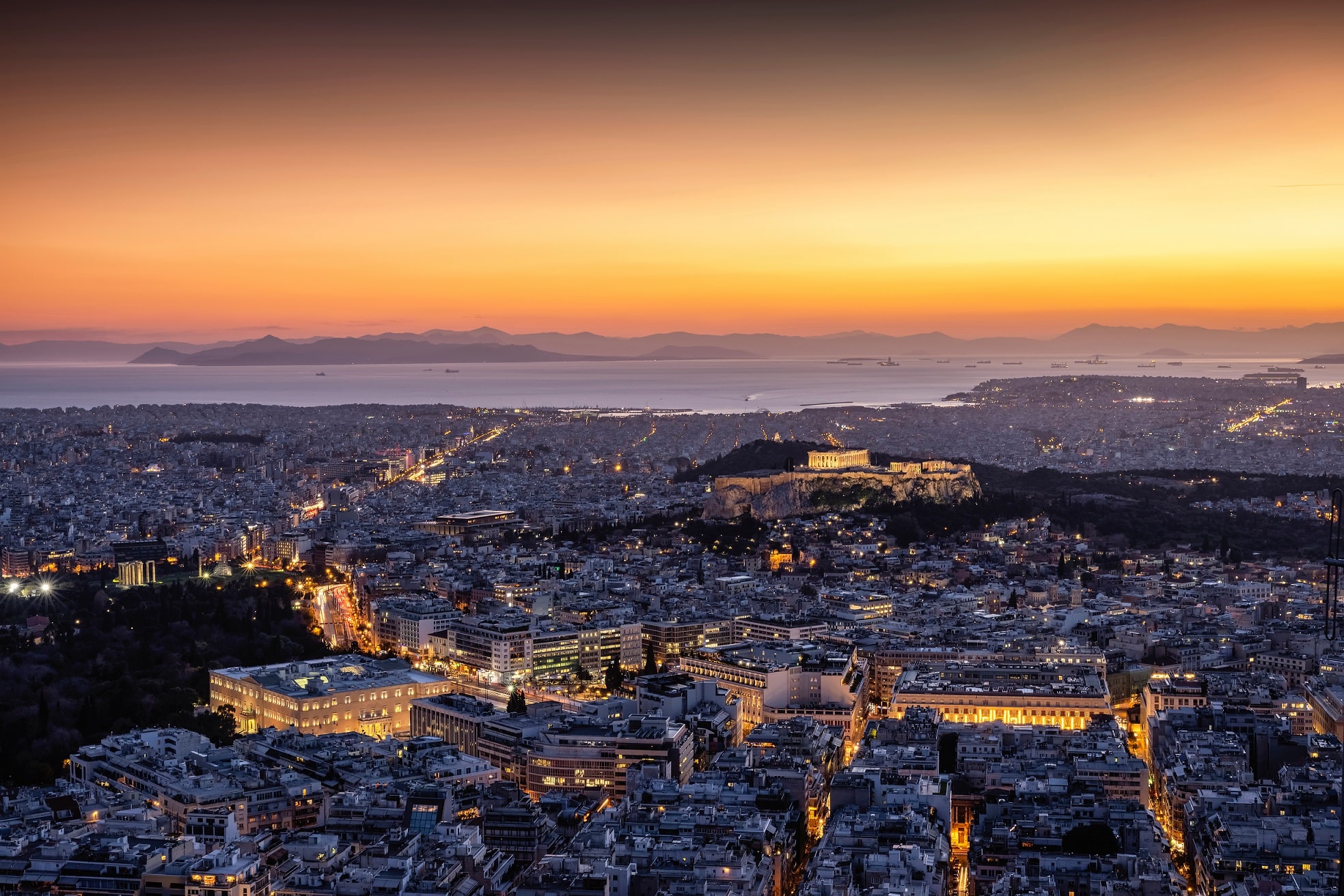 View,Over,The,Illuminated,Skyline,Of,Athens,,Greece,,With,Parthenon