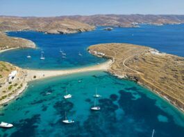 A view from above, shot at Kolona beach a famous beach located at Kythnos island in Cyclades, Greece.