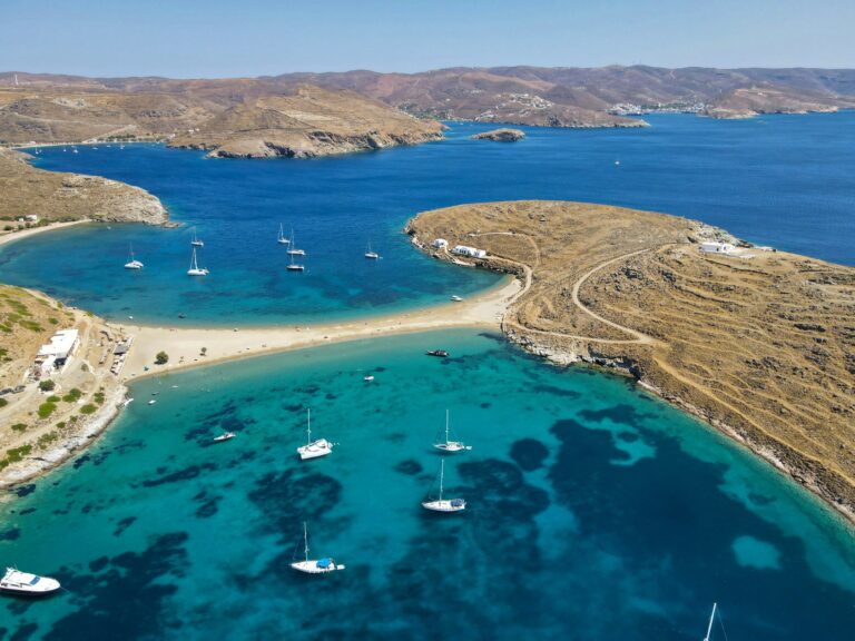 A view from above, shot at Kolona beach a famous beach located at Kythnos island in Cyclades, Greece.