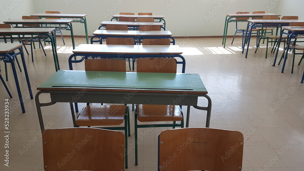 desks class chairs in secondary school empty