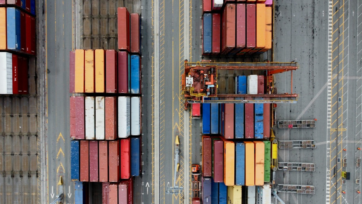 Aerial view of containers being sorted at the Port of Vancouver, Canada.