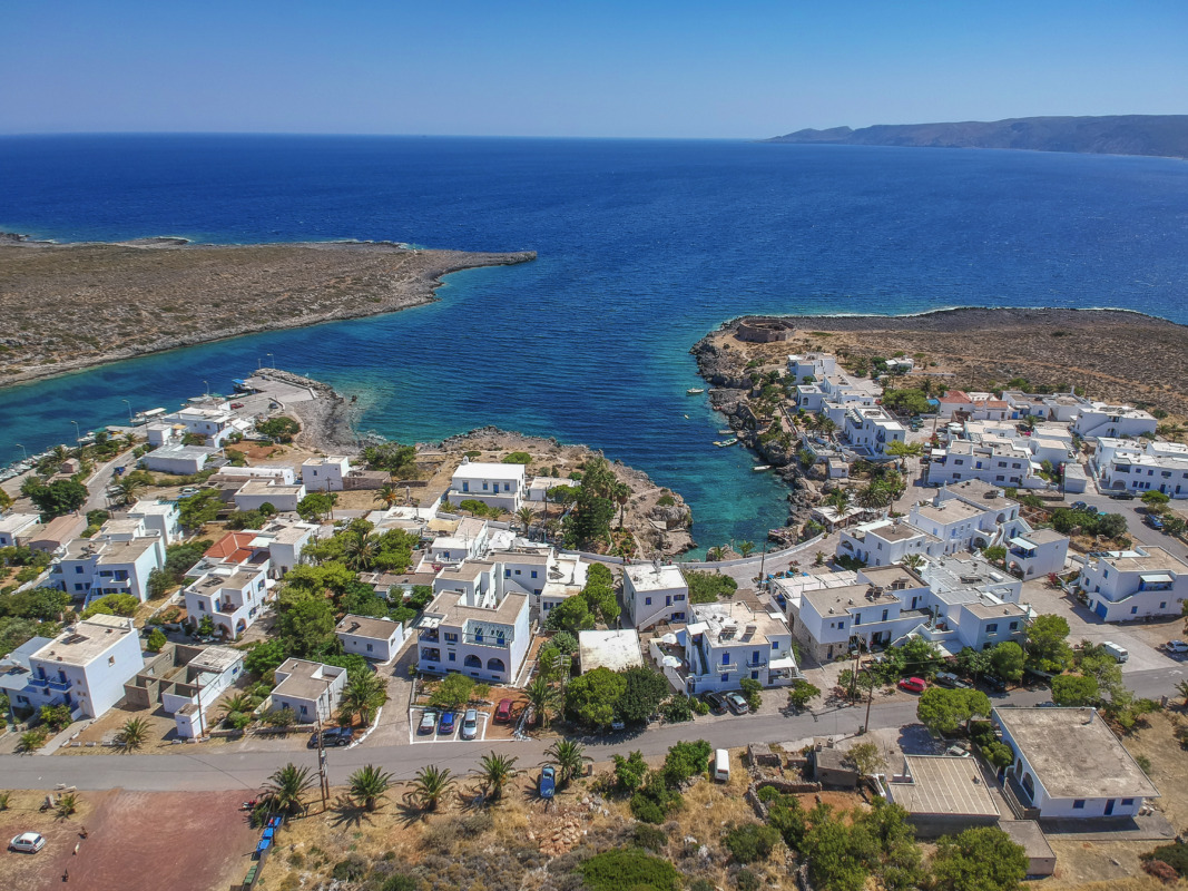 Aerial view of the picturesque seaside village Avlemonas or Avlemon in Kythera island, Greece.