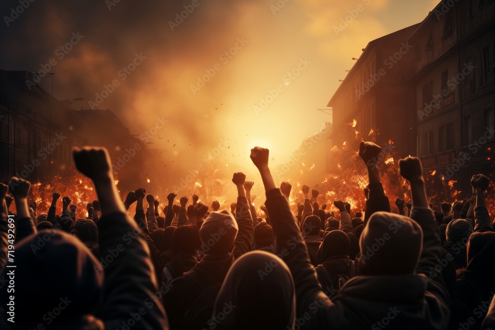 Crowd of protesters people. Silhouettes of people with banners and megaphones. Concept of revolution or protest